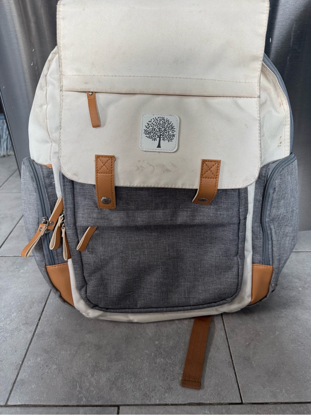 Neutral Two-Tone Baby Diaper Backpack with Tree Logo